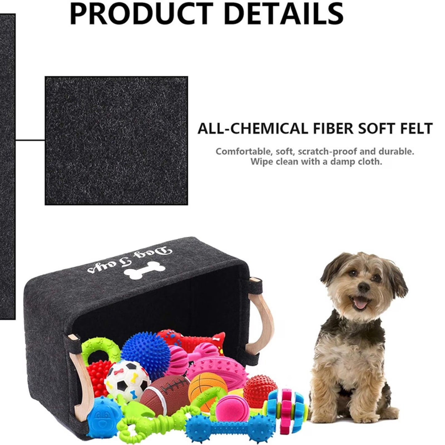 Charcoal felt dog toy storage basket with wooden handles — 17 x 10 in