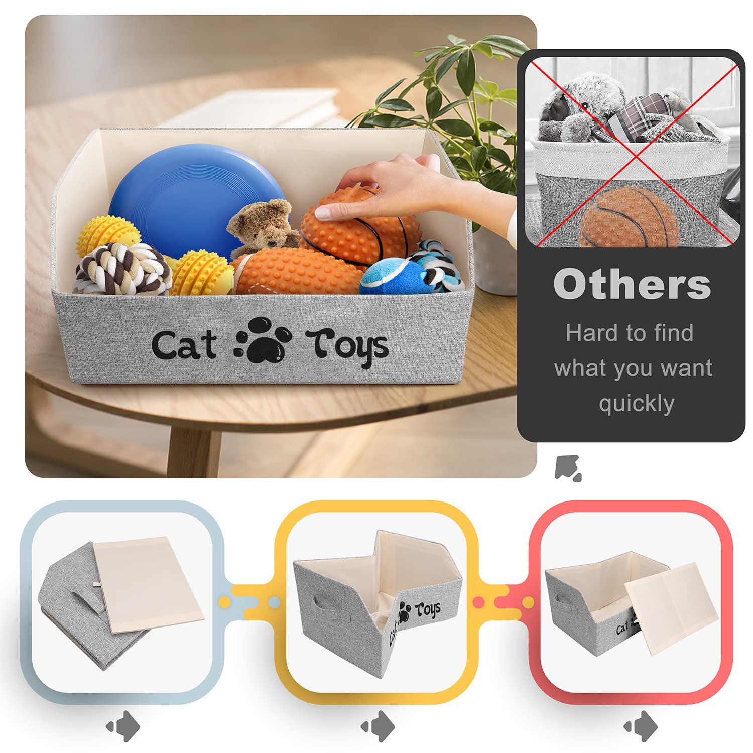 Large Cat Toy Box Cat Toy Storage Basket 2X Thicker Foldable Sturdy Pet Toy Storage Bin Bed for Organizing Pet Toys T