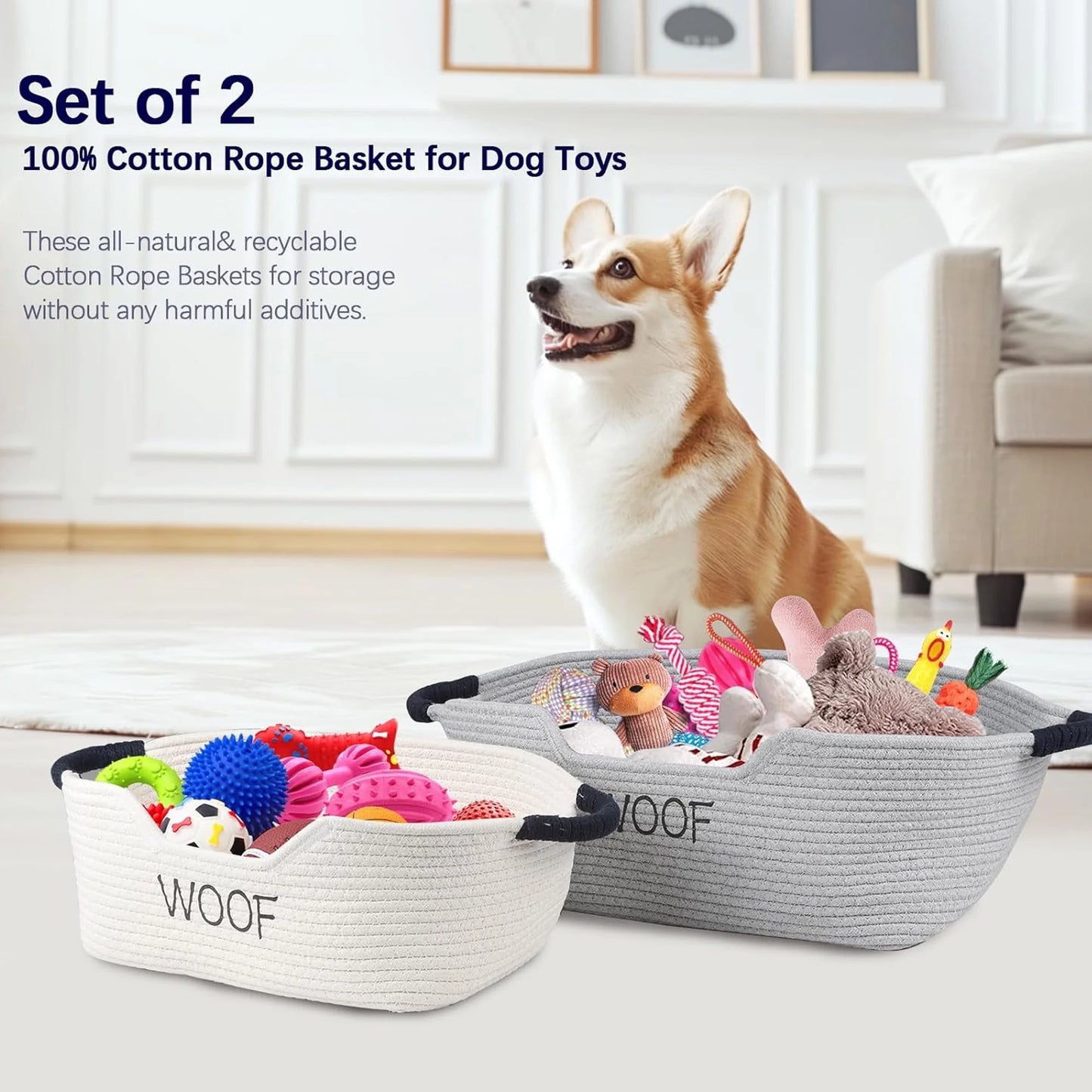 2 Pack Dog Toy Baskets,Pet Rope Basket with Handles, Dog Toy Bin for Cat & Puppy Toys,Storage Basket for Dog Stuff,Leash, Collar,Nurse Supplies,Woof Puppy Bed Organizer