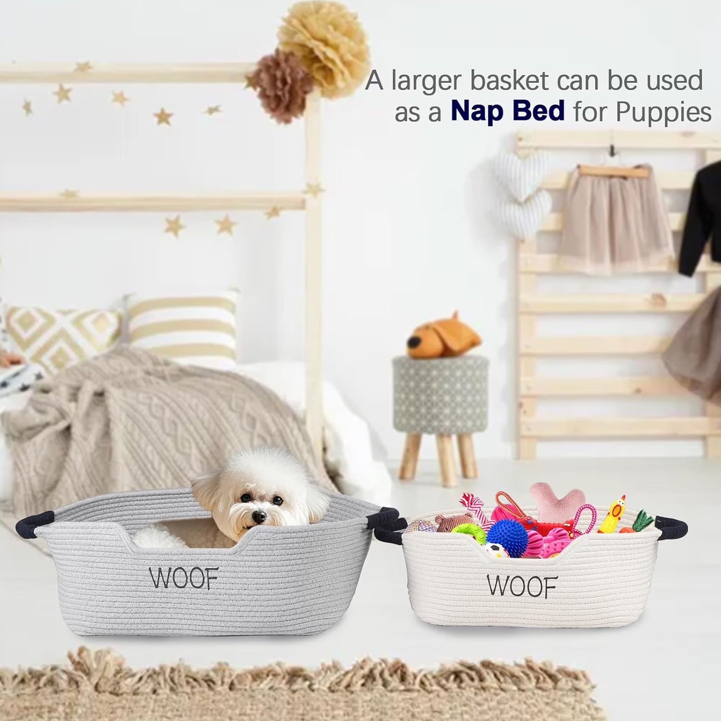 2 Pack Dog Toy Baskets,Pet Rope Basket with Handles, Dog Toy Bin for Cat & Puppy Toys,Storage Basket for Dog Stuff,Leash, Collar,Nurse Supplies,Woof Puppy Bed Organizer