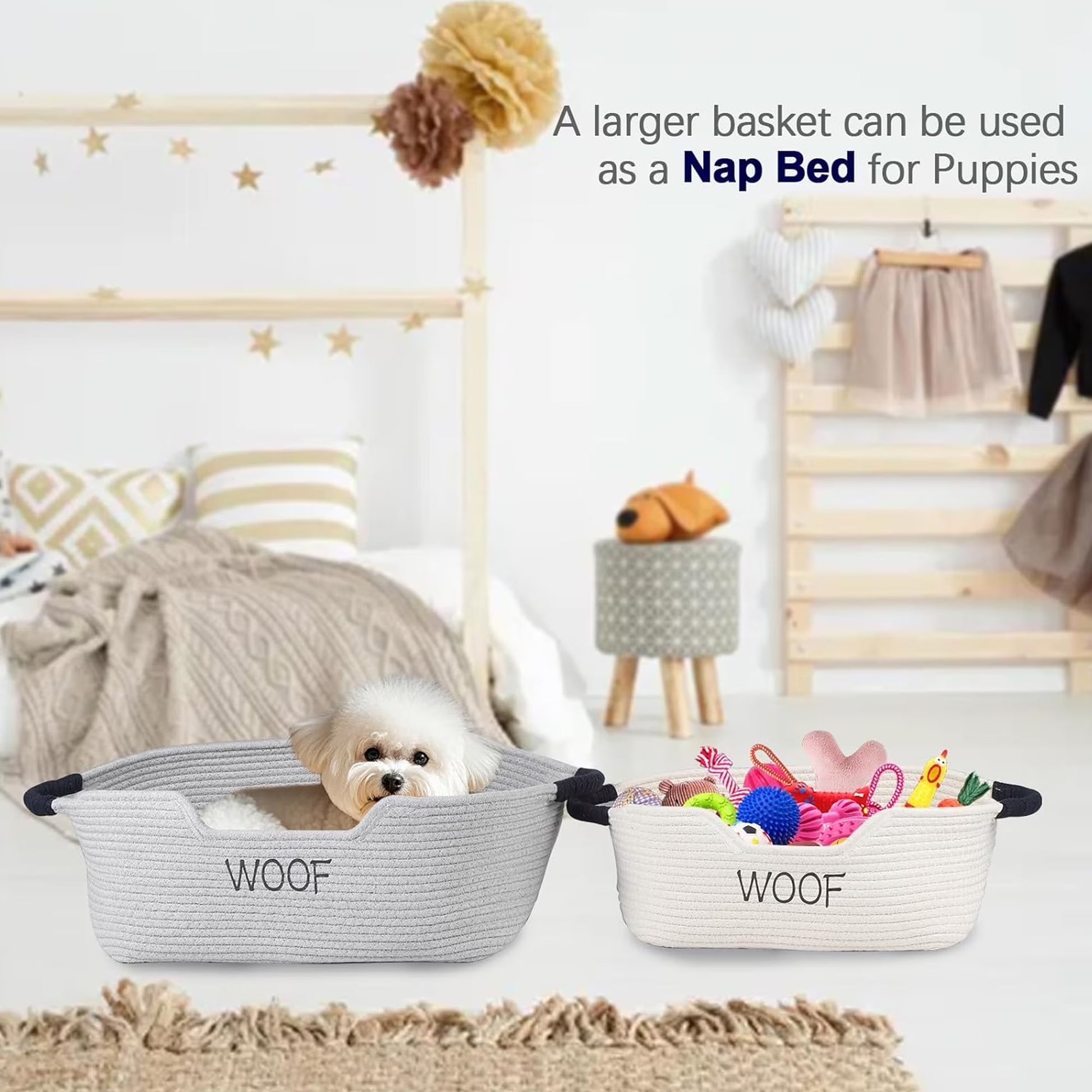 2 Pack Dog Toy Baskets,Pet Rope Basket with Handles, Dog Toy Bin for Cat & Puppy Toys,Storage Basket for Dog Stuff,Leash, Collar,Nurse Supplies,Woof Puppy Bed Organizer