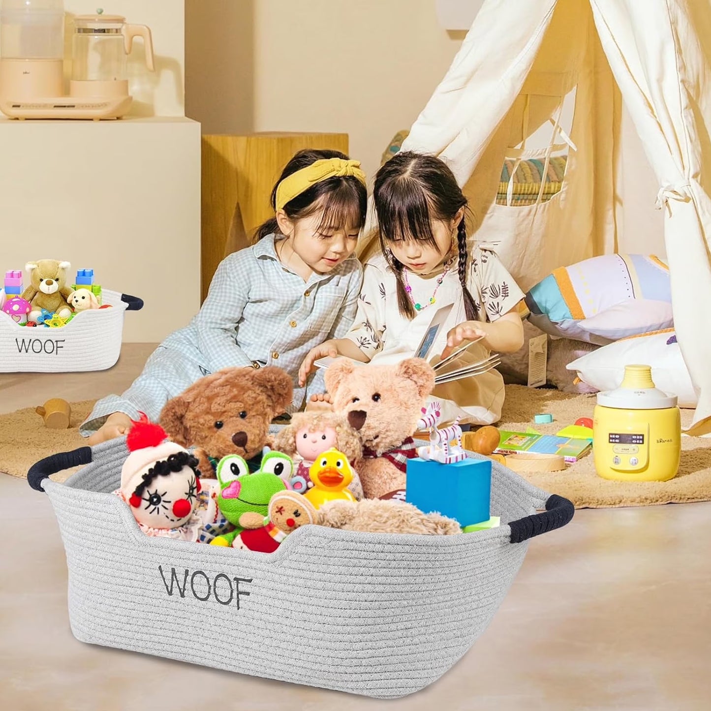 2 Pack Dog Toy Baskets,Pet Rope Basket with Handles, Dog Toy Bin for Cat & Puppy Toys,Storage Basket for Dog Stuff,Leash, Collar,Nurse Supplies,Woof Puppy Bed Organizer