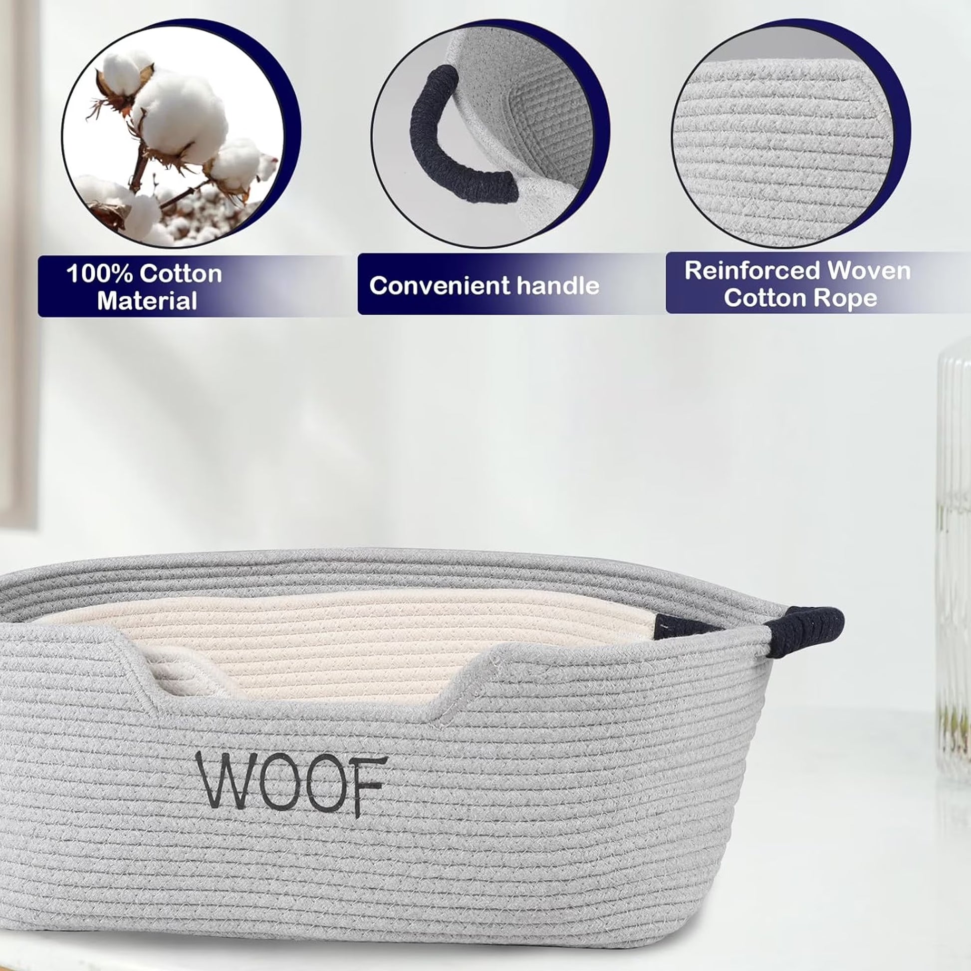 2 Pack Dog Toy Baskets,Pet Rope Basket with Handles, Dog Toy Bin for Cat & Puppy Toys,Storage Basket for Dog Stuff,Leash, Collar,Nurse Supplies,Woof Puppy Bed Organizer