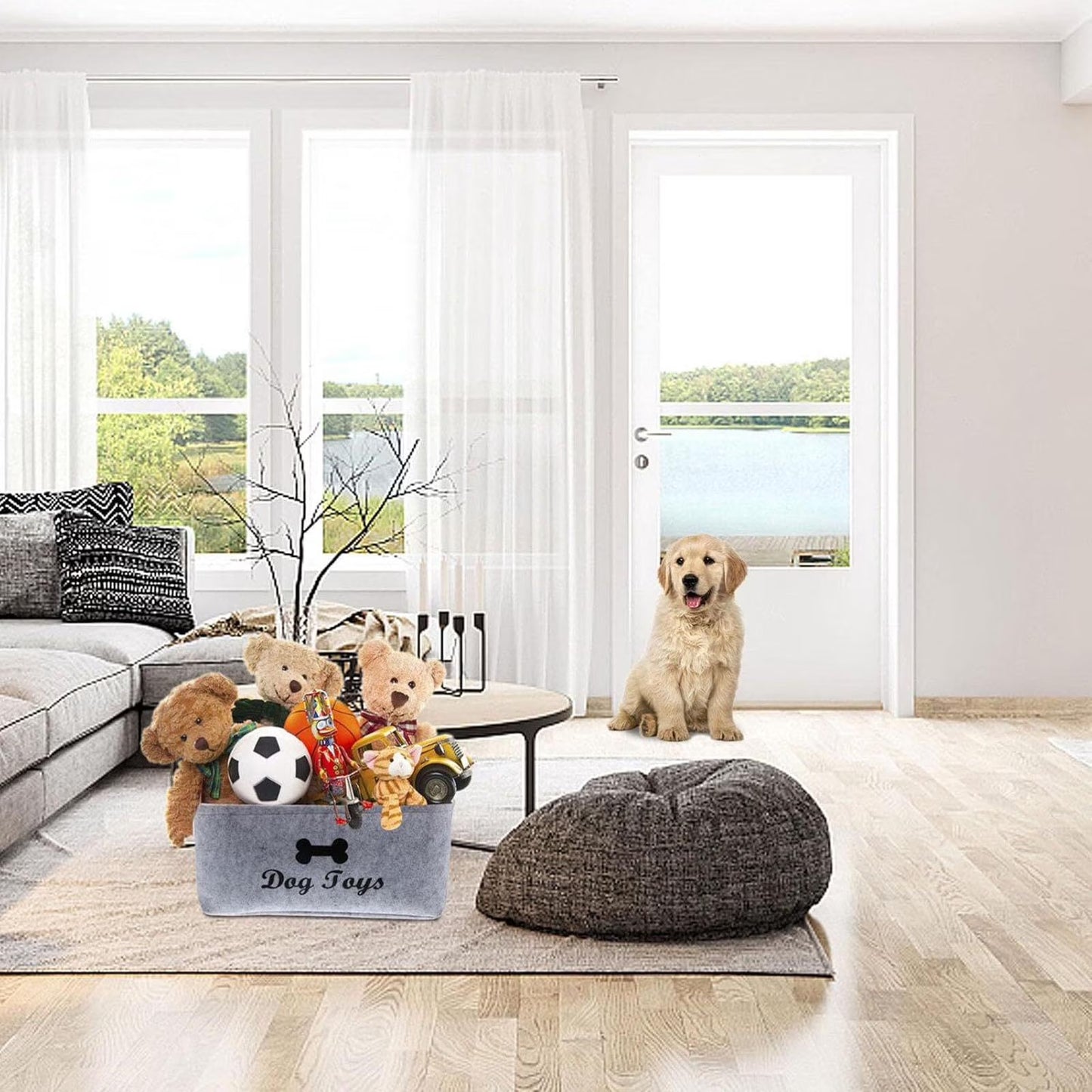 Charcoal felt dog toy storage basket — product view 4
