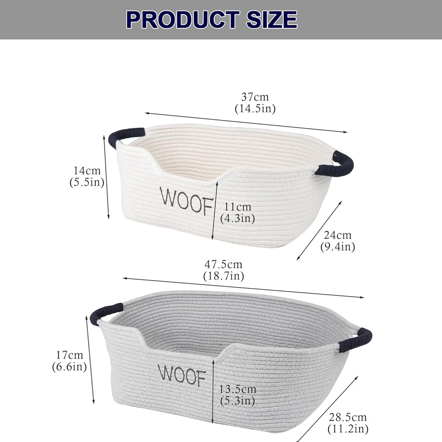 2 Pack Dog Toy Baskets,Pet Rope Basket with Handles, Dog Toy Bin for Cat & Puppy Toys,Storage Basket for Dog Stuff,Leash, Collar,Nurse Supplies,Woof Puppy Bed Organizer