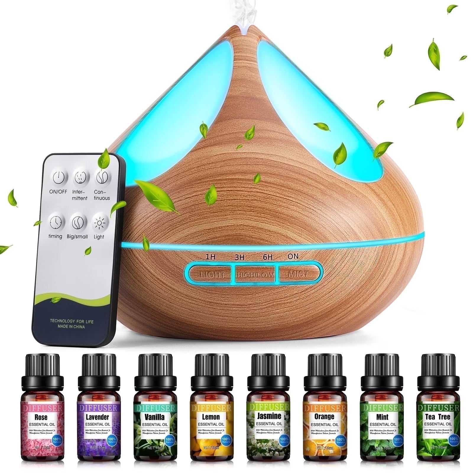 Transform Your Space with Our 500ml Essential Oil Diffuser & 8 Premium Essential Oils Set - Woodgrain Aromatherapy with Remote Control for Relaxation and Comfort