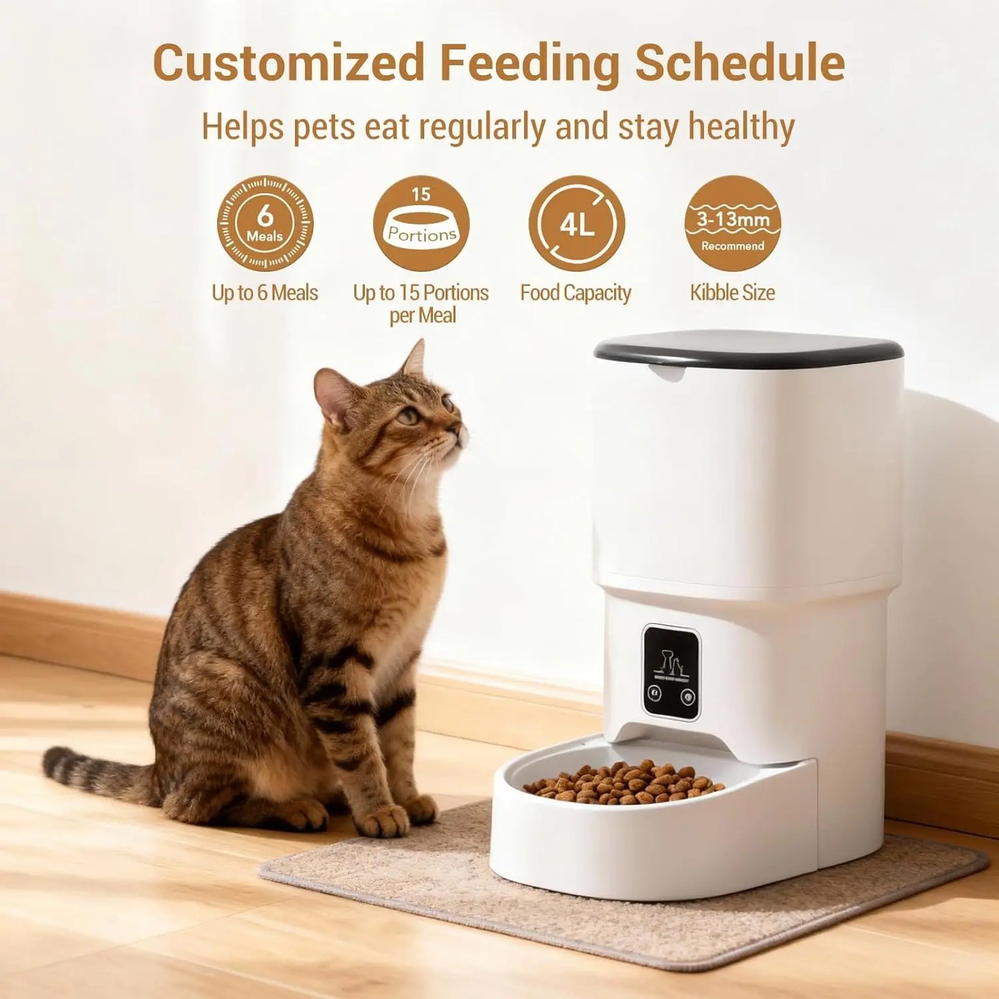 4L Programmable Automatic Pet Feeder for Small Dogs and Cats 6 Meals Daily Timer & Portion Control Dual Power with Bowl